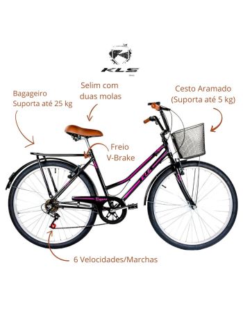 Bicicleta Aro 26 Kls Retro Sport Freio V-Brake 6 Marchas